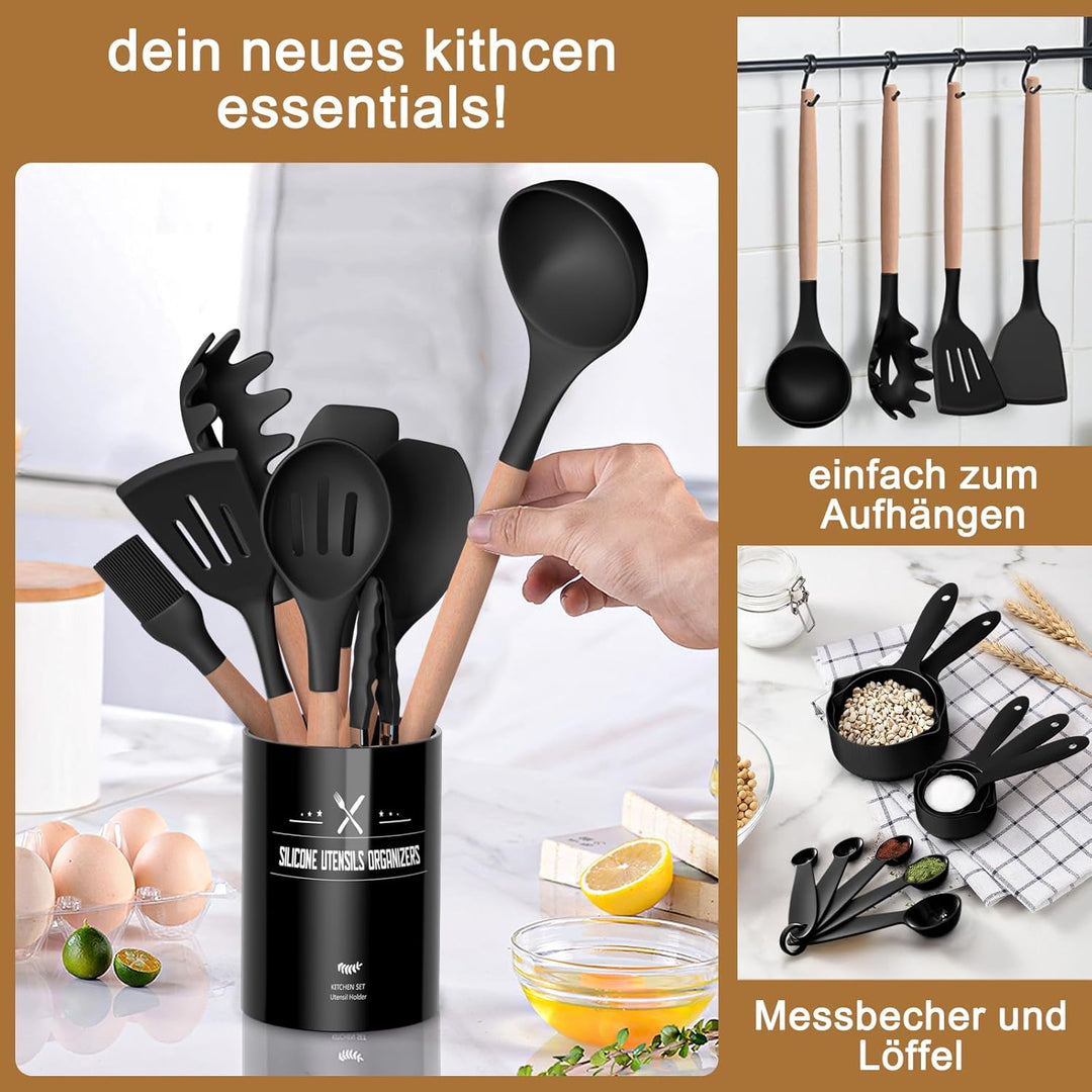 Küchenhelfer Set, 26 Stück Silikon Kochutensilien Kochbesteck, Hitzebeständiger Kochgeschirr mit Ute