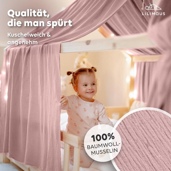 Hausbett Himmel [in 12 Farben] Betthimmel Hausbett aus 100% Baumwolle Musselin - Stoffhimmel für Hau