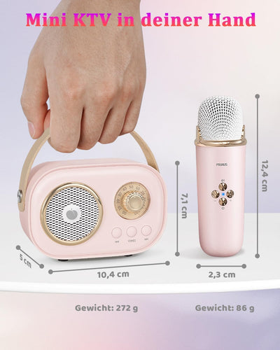 PRUNUS Karaoke Maschine Kinder mit 2 Mikrofonen, Mini Karaoke Set mit Stereosound und Heavy Bass für