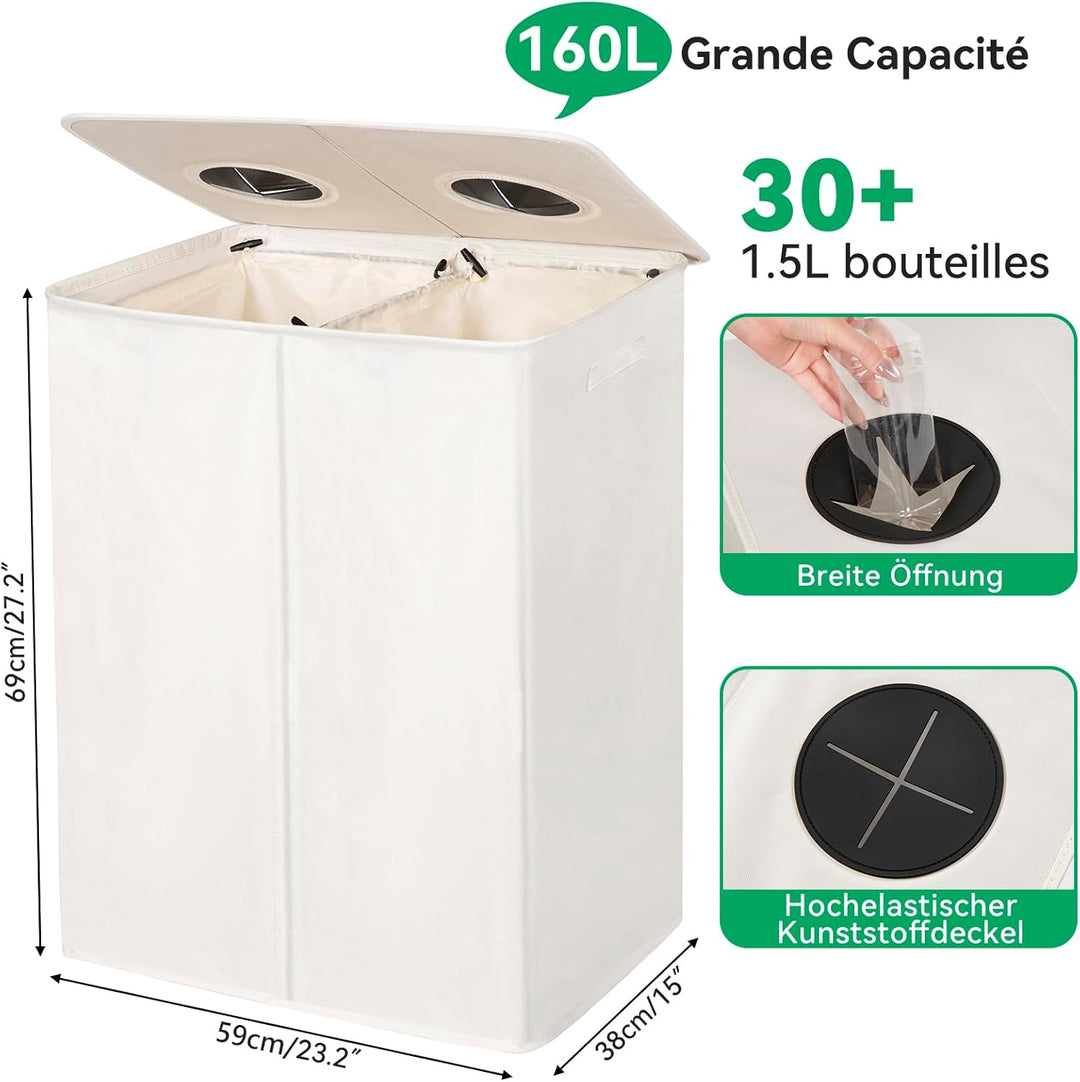 WOWLIVE Pfandflaschen Sammelbehälter 160L wit 2 fächer & 2 Tragetasche,Flaschensammler mit Loch Küch