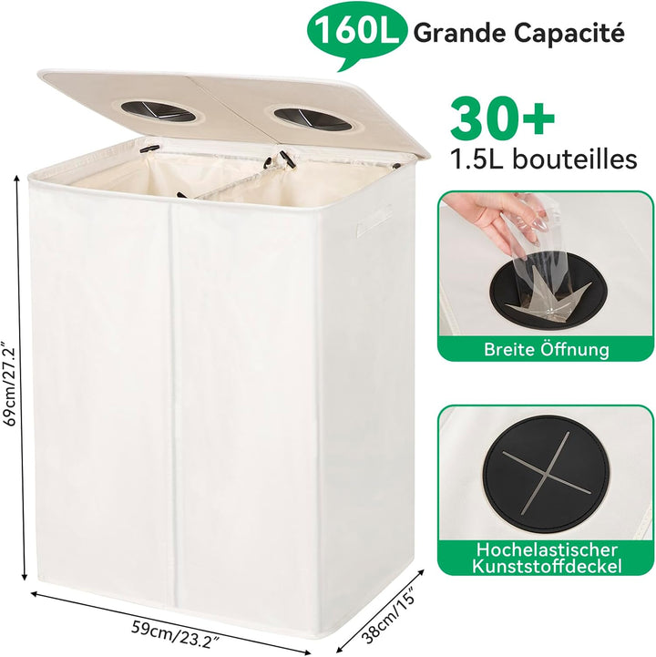 WOWLIVE Pfandflaschen Sammelbehälter 160L wit 2 fächer & 2 Tragetasche,Flaschensammler mit Loch Küch