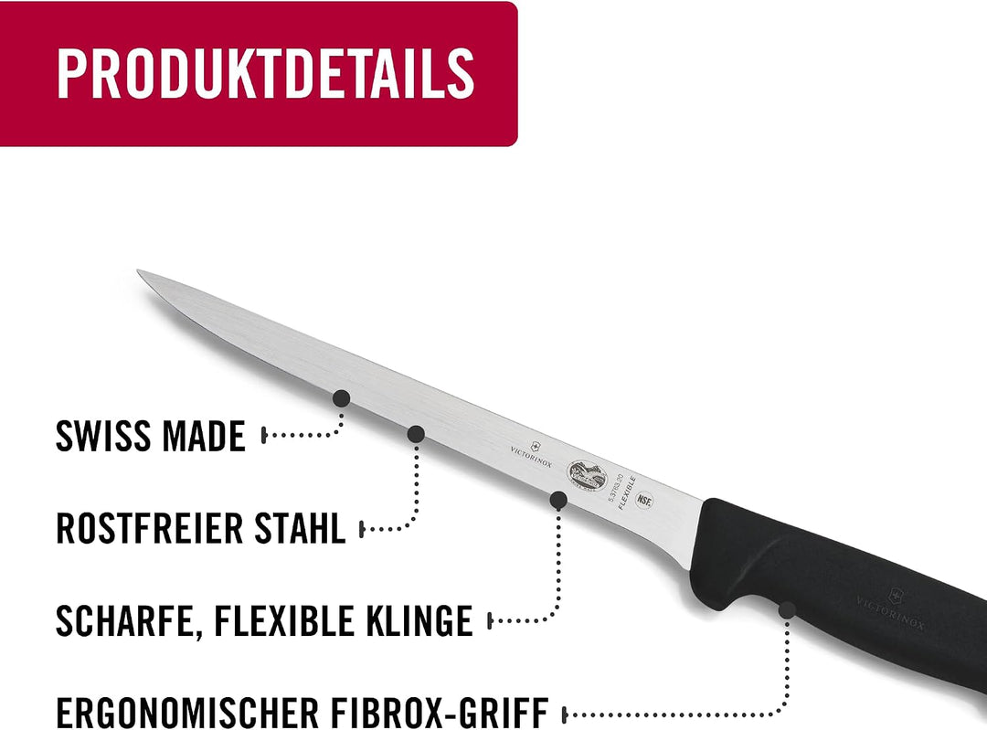 Victorinox Fibrox Filetiermesser, Scharfes Küchenmesser für Fleisch und Fisch, 20 cm, Gerade Klinge,