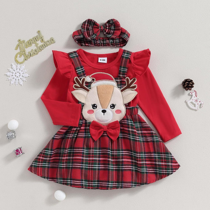Himllauen Baby Mädchen Weihnachtsoutfit Langarm Body + Karo Straps Rock + Haarband 3tlg Set Kleinkin