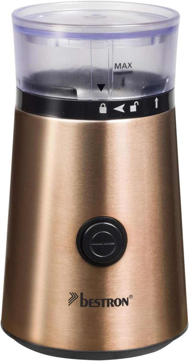 Bestron Elektrische Kaffeemühle mit Edelstahl-Schlagmesser, Füllmenge: 50g, 150 W, Edelstahl in Kupf