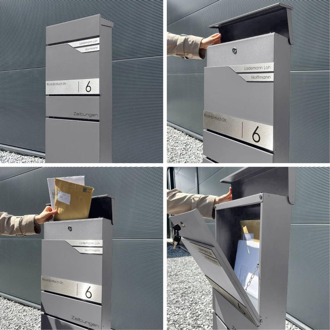 Metzler Standbriefkasten freistehend in RAL9007 Graualuminium für 2 Parteien mit Zeitungsfach - Zwei