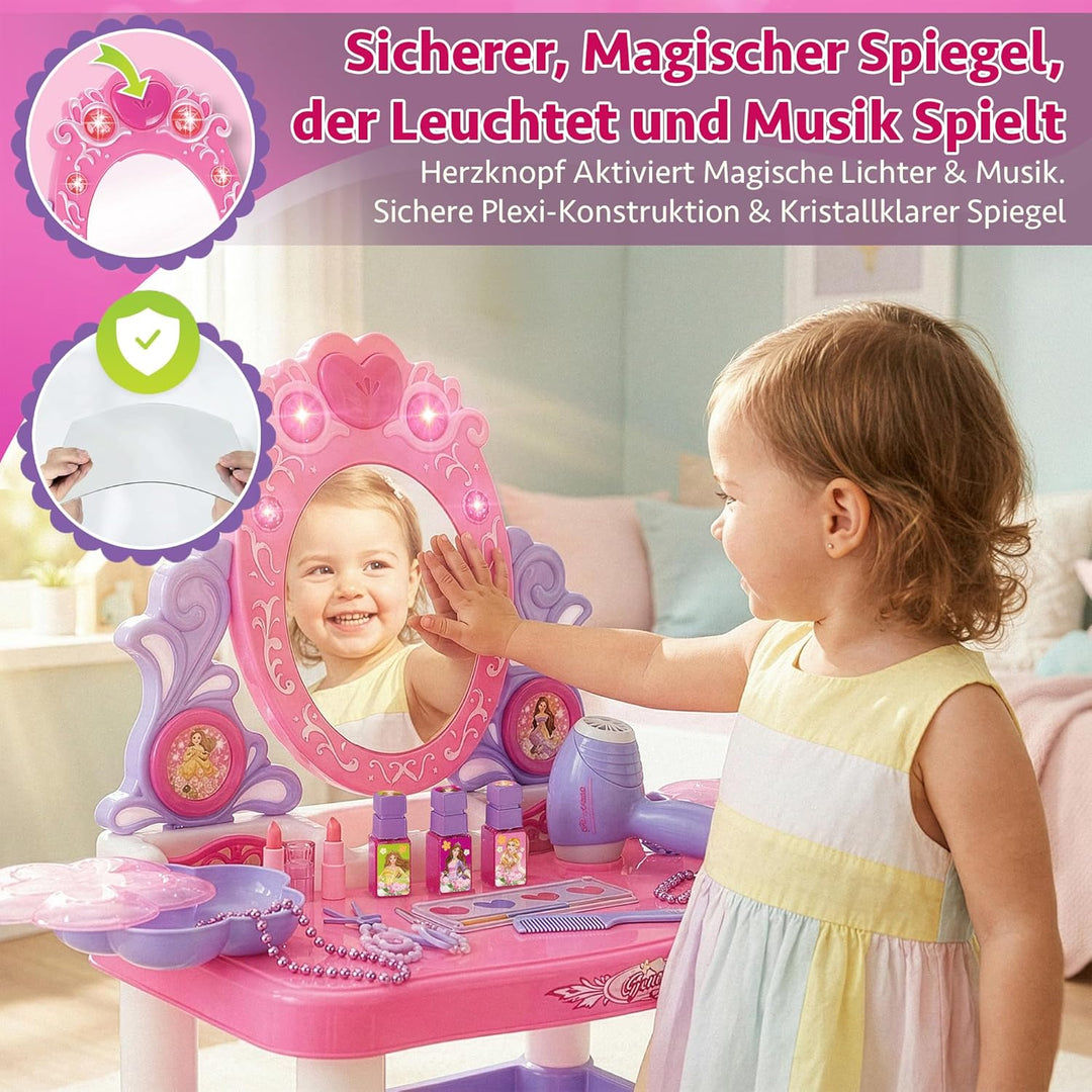Kinderplay Rosa Schminktisch Kinder mit Zauberstab & Zubehör | Kinder Frisiertisch für Mädchen mit S