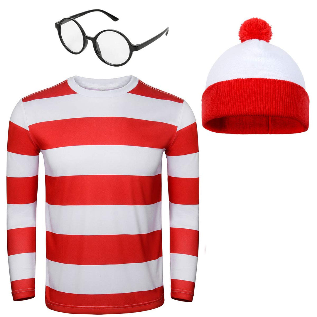 NUWIND Herren Rot-weiss gestreiftes T-Shirt Kit mit Brille &amp; Bommelmütze Walter Kostüm Halloween Cos