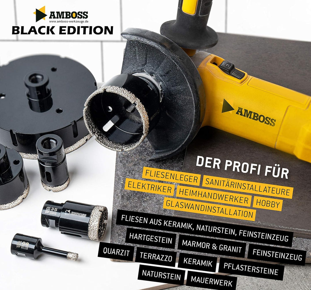 Amboss - Diamant Fliesenbohrer-/Bohrkronen - Set 7 tlg. (Ø 8-14 mm) Premium Black Edition | M14 für