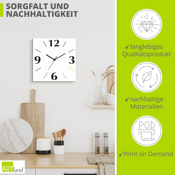 ARTLAND Wanddeko Wanduhr ohne Tickgeräusche Alu Quarzuhr 30x30 cm Quadratisch Lautlos 4 Ziffern Farb