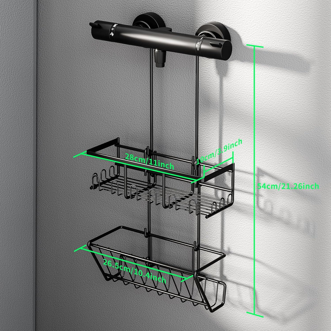Doppelstock-Duschablage zum hängen [50% mehr Stauraum], 54cm Perfektgrösse + Schrägdesign, 12 Haken,