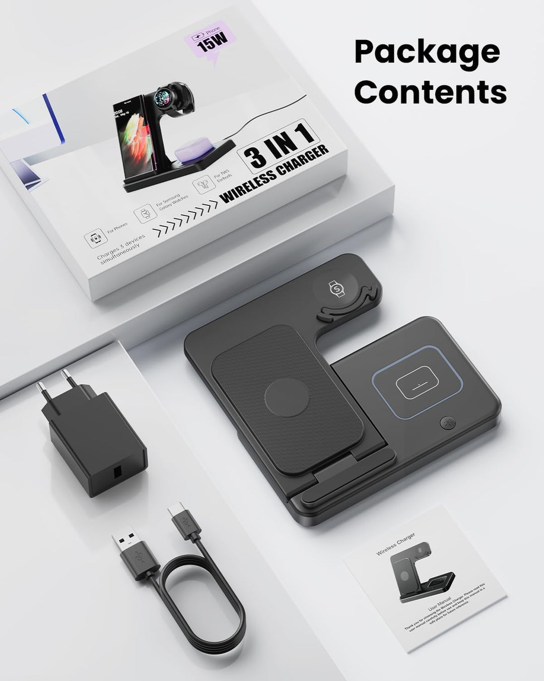 GEEKERA Induktive Ladestation für Samsung, 3 in 1 Faltbare Wireless Charger für Samsung S25/S24/S23/