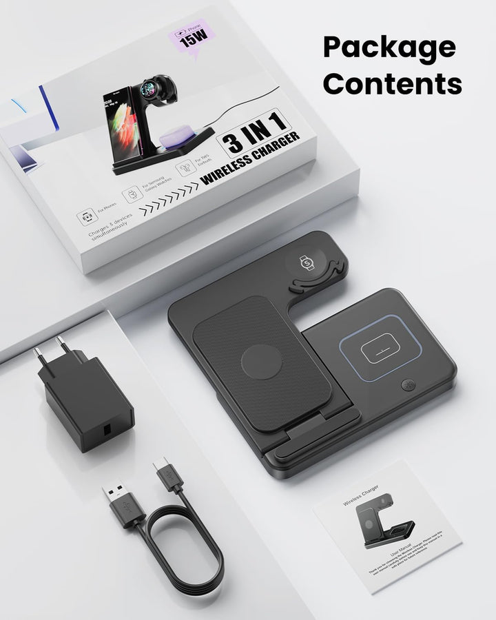 GEEKERA Induktive Ladestation für Samsung, 3 in 1 Faltbare Wireless Charger für Samsung S25/S24/S23/