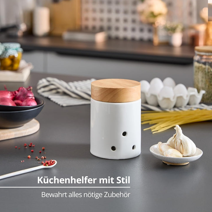 KHG Vorratsdosen Set Kartoffel-, Zwiebel- & Knoblauch, Keramik Steingut Weiss Holz-Deckel Bambus, Vo
