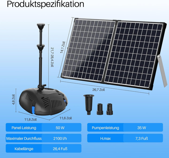 Biling 50W Teichfilter Solar Teichpumpe mit Filter 2100 L/H Solar Filterpumpe Teich mit 3 Düsen und
