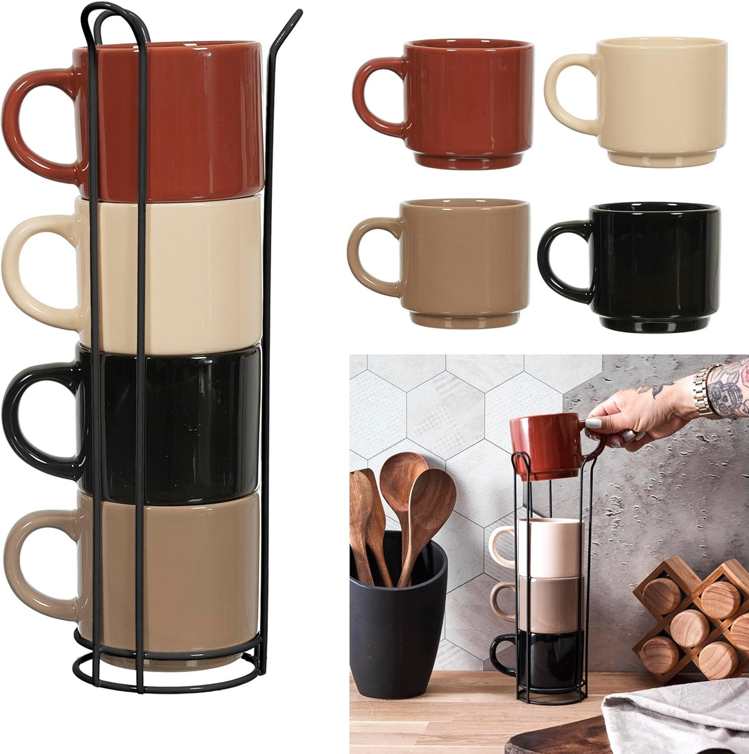 HOME DECO FACTORY, KA0500, Plain Mug Set of 4 with Holder, Durable Ceramic, Elegant and Practical De