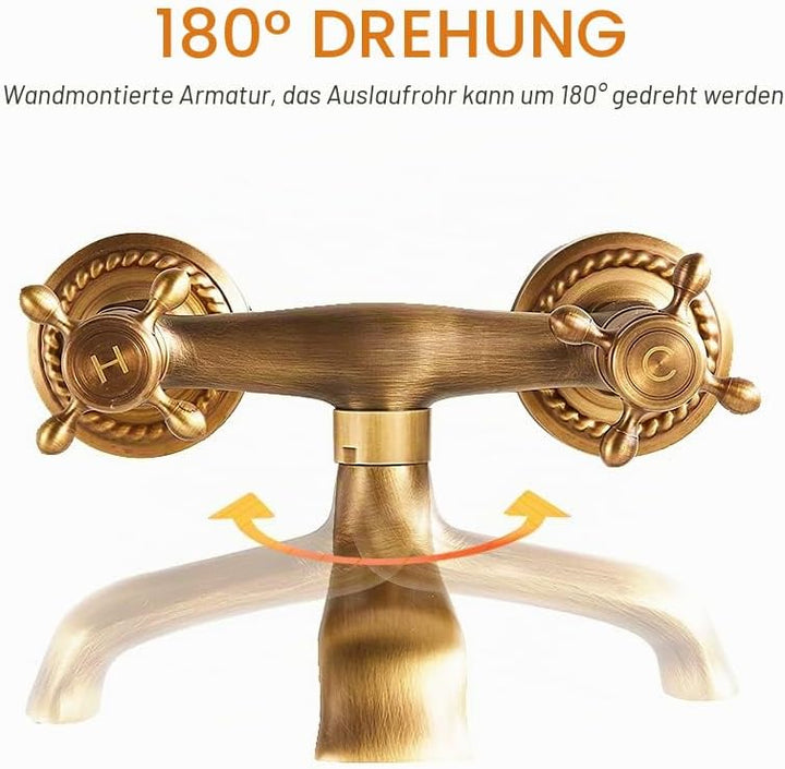 Wandarmatur aus Messing, antik, Drehung: 180 °, Wandarmatur Badezimmer, klassisch, Hebel: Heiss und