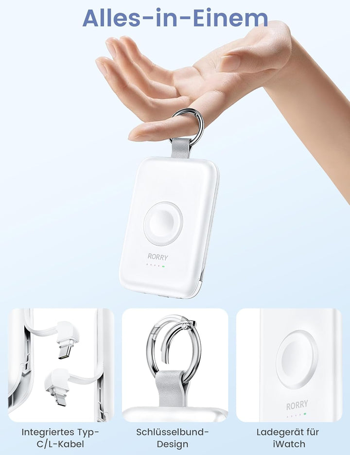 RORRY Power Bank, 10000mAh Powerbank Schnellladefunktion PD 20W mit Integriertem Kabel, Reise Portab