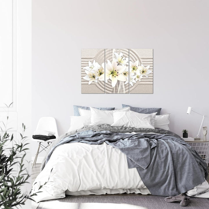 Runa Art Wandbilder Blumen Lilien Bild XXL Wohnzimmer Schlafzimmer Weiss Beige Sand 120 x 80 cm 3 Te