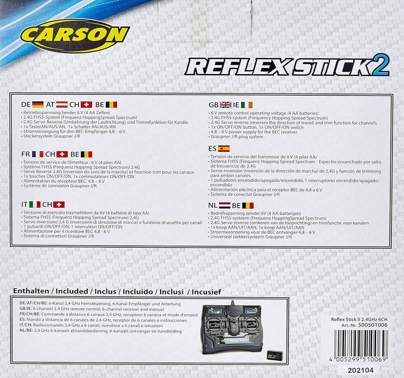 Carson 500501006 FS Reflex Stick II 2.4 GHz – 6-Kanal-Fernsteueranlage, Fernbedienung mit Empfänger