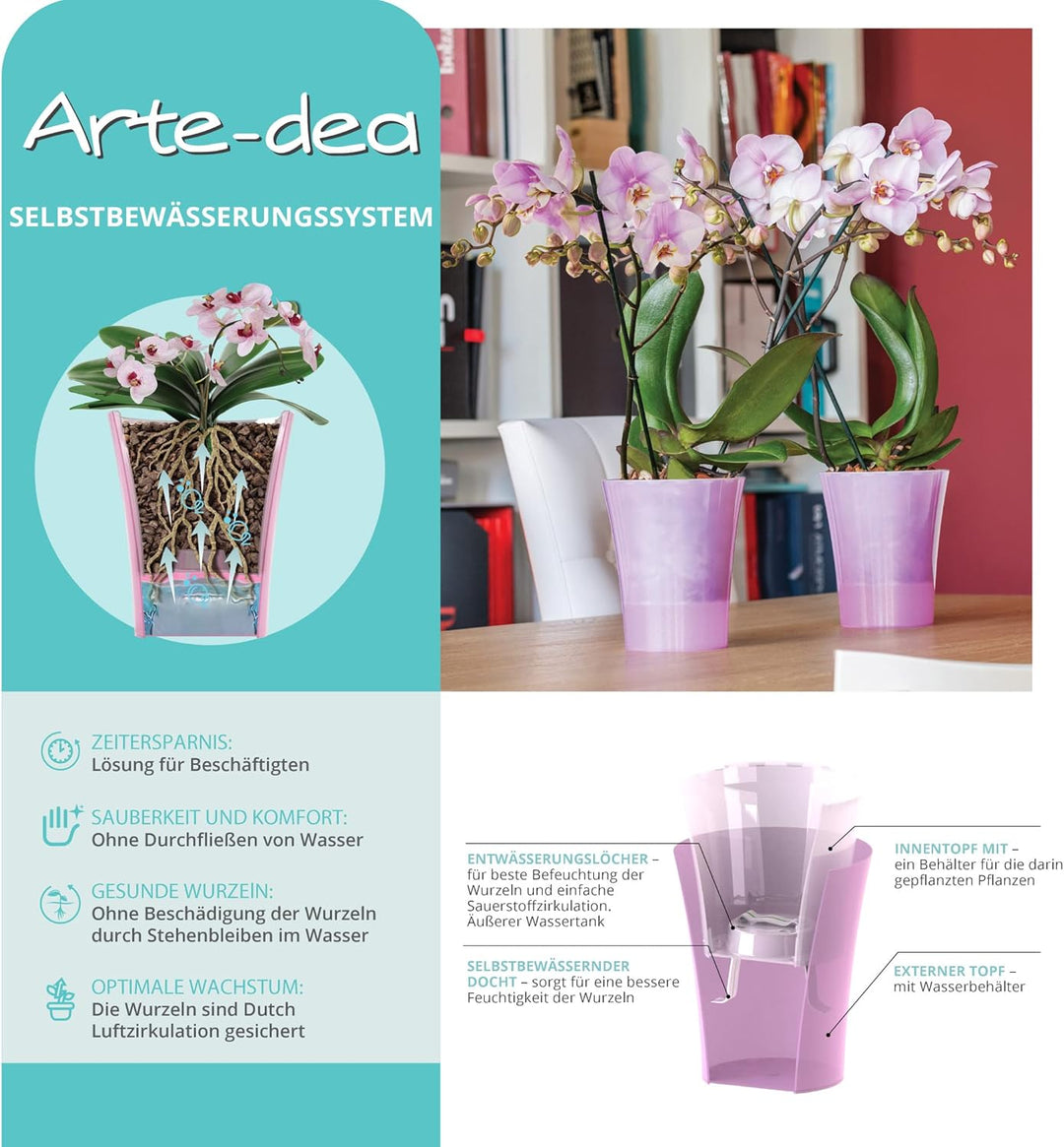 Santino 6er-Set Orchideentopf transparent mit selbstbewässerndem Dochtsystem - D 15 cm - Transparent