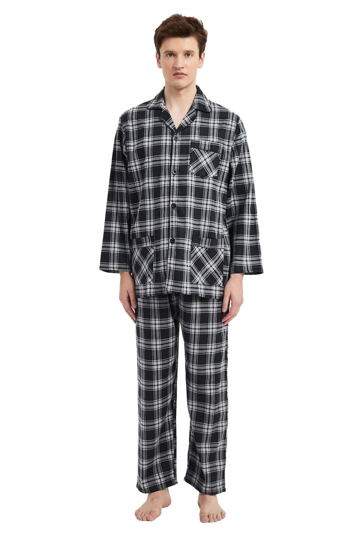 Amaxer Flanell Schlafanzug Herren 100% Baumwolle Pyjama mit Knopfleiste Set Lang Warmer Winter Schla