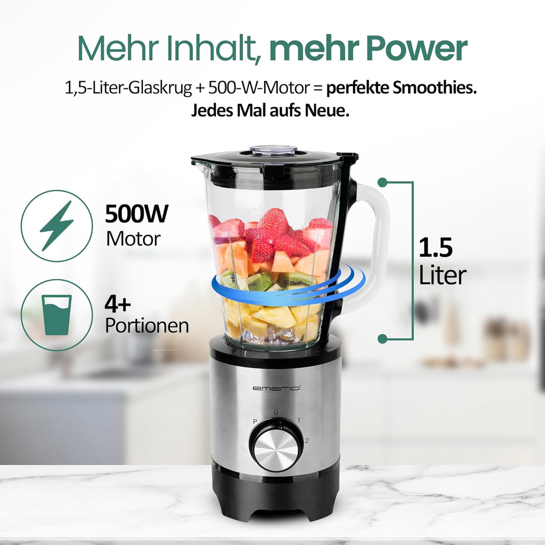 EMERIO Standmixer mit 1.5L Glasbehälter | BPA frei | Crush Ice Funktion | 2 Geschwindigkeiten + Puls