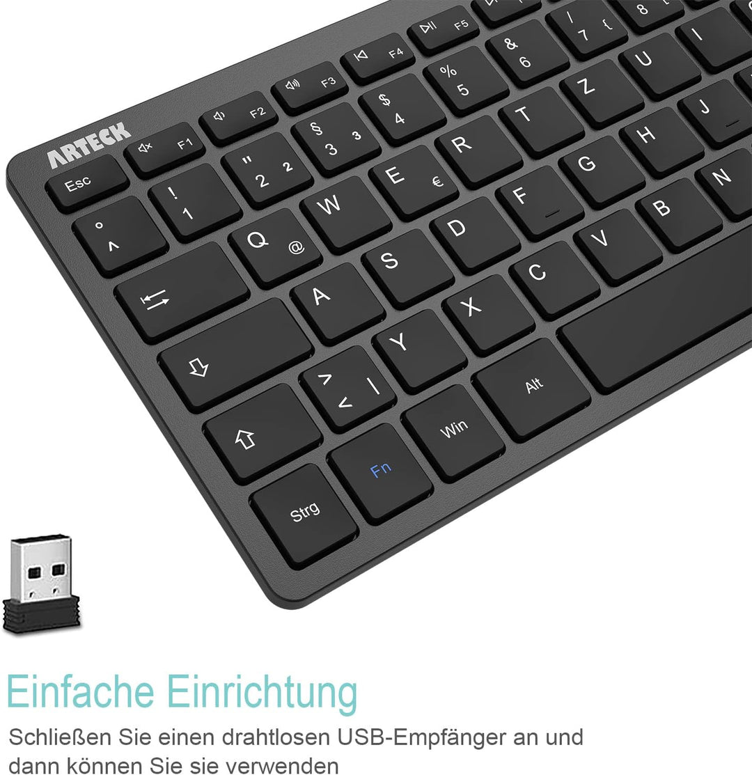 Arteck Kabellose Tastatur, Deutsches QWERTZ Layout Kompakte USB 2,4 GHz Mini Kabellos Tastatur mit M