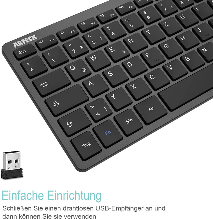Arteck Kabellose Tastatur, Deutsches QWERTZ Layout Kompakte USB 2,4 GHz Mini Kabellos Tastatur mit M