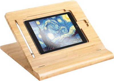 ELETIUO Tablet-Ständer, verstellbar, faltbar, mehrere Winkel, Bambusholz, Organizer, Schreibtischhal