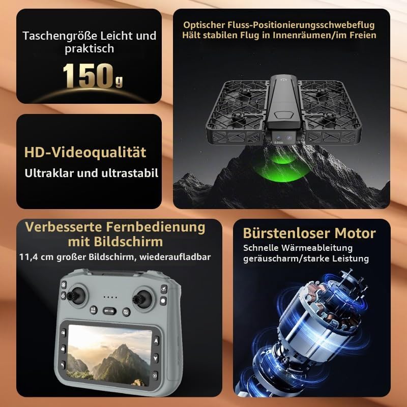 FPV Drohne mit 2K-Kamera, 4,5" Bildschirmfernbedienung Live-Übertragung, Brushless-Motor, Höhenhaltu