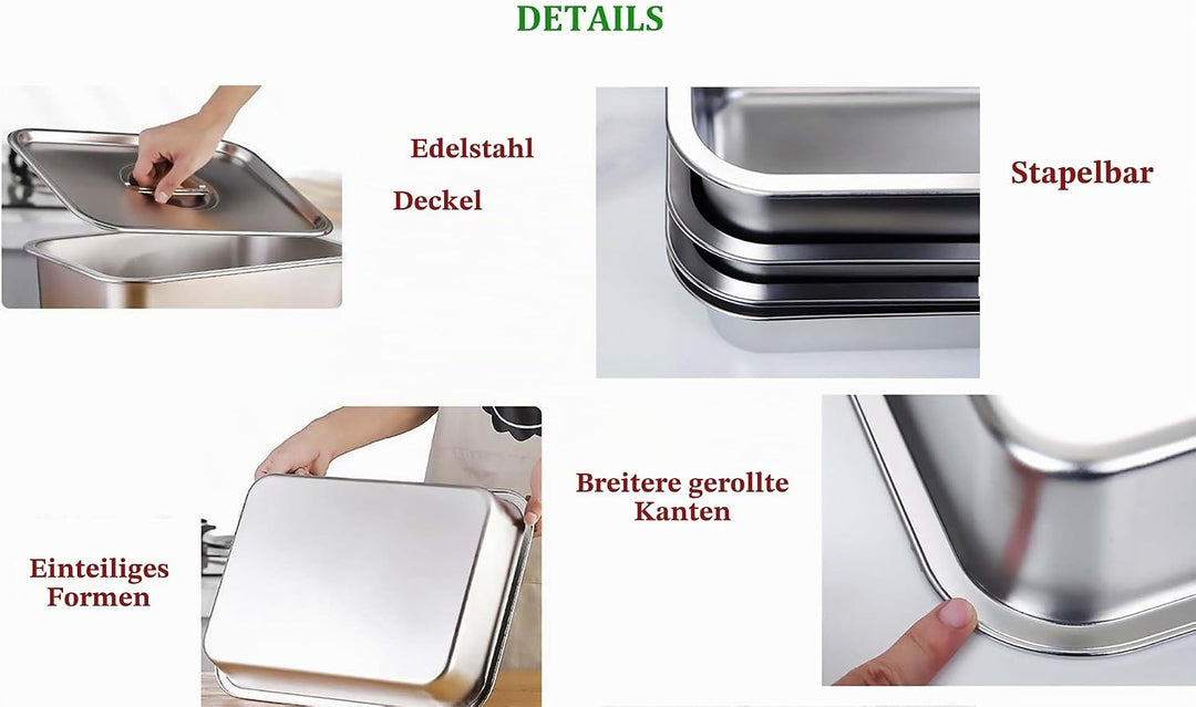 GRFELI Edelstahlpfannen mit Deckel, Dampftischpfanne, Edelstahl-Behälter-Set, stapelbare Metalldampf
