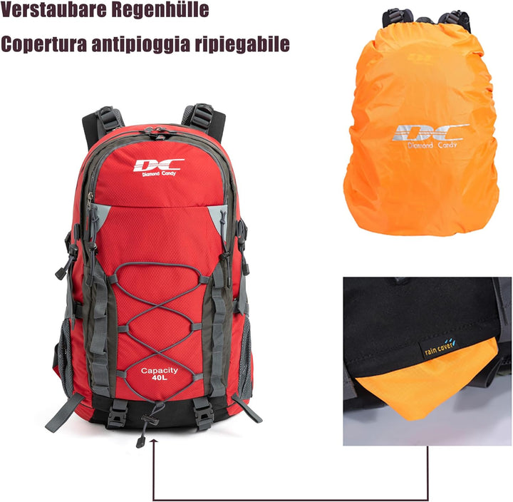 Wanderrucksack 40l Damen Herren Rucksack Wasserdicht Reiserucksack mit Regenschutz Rot, Rot