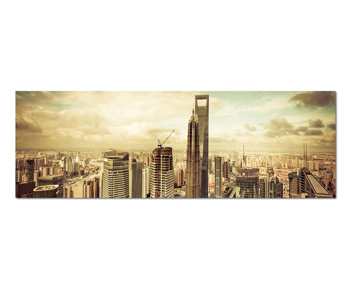 Paul Sinus Art Panoramabild auf Leinwand und Keilrahmen 150x50cm Shanghai Skyline Wolkenhimmel