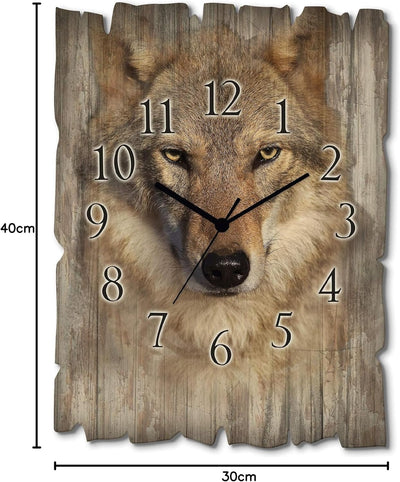 ARTLAND Wanduhr ohne Tickgeräusche aus Holz Funk Uhr 30x40 cm Rechteckig Lautlos Wolf Tiere Wald Nor