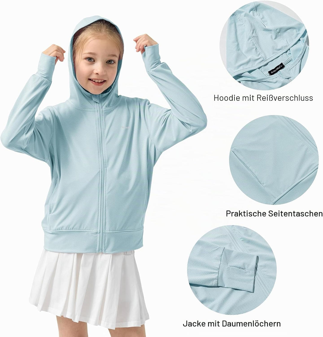 Rolanko Mädchen Sommerjacke mit Daumenlöchern Langarm Sonnenschutz Schnell Trocknend Reissverschluss