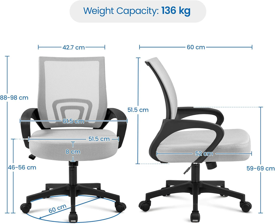 Yaheetech Bürostuhl, Ergonomischer Schreibtischstuhl mit Netzbespannung und Armlehnen, Drehstuhl aus