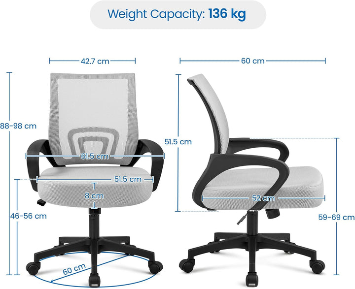 Yaheetech Bürostuhl, Ergonomischer Schreibtischstuhl mit Netzbespannung und Armlehnen, Drehstuhl aus