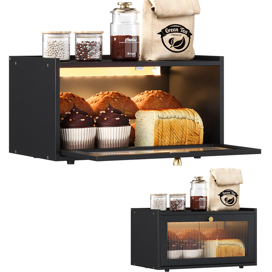 VEDECASA Bambus Brotbox mit LED Sensorlicht, Grosse Küchen Arbeitsplatte Brot Aufbewahrungsbox mit F