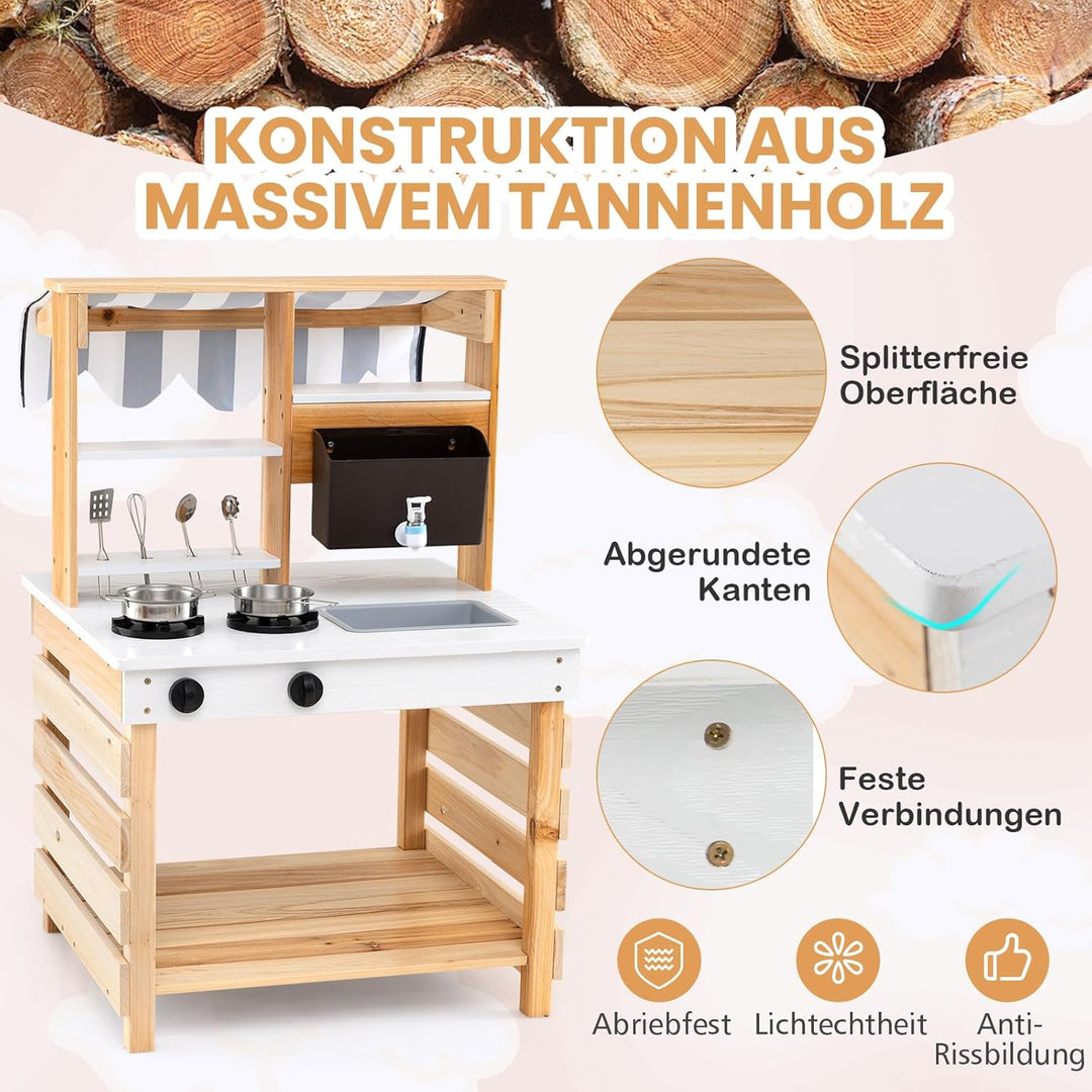 DREAMADE Matschküche Kinder Outdoor, Kinderküche aus Tannenholz mit Dach, Wassertank, Wasserhahn, Sp