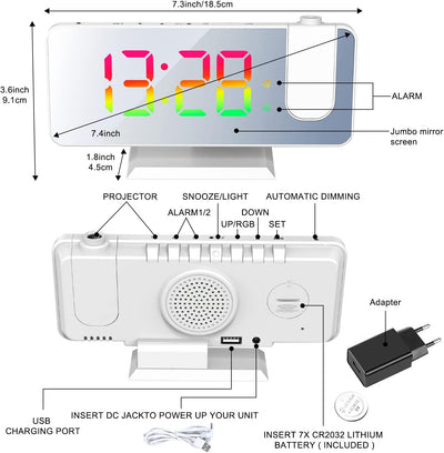 Exmate Projektionswecker, Digital Wecker mit Projektion, USB-Ladeanschluss, 7.5'' Dynamischer RGB-Sp