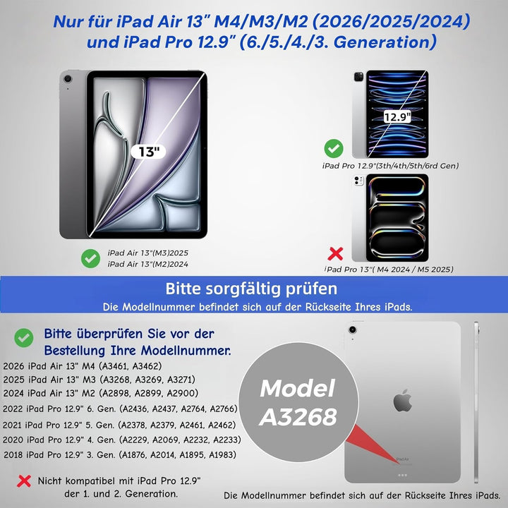 Tastaturhülle für iPad Pro 12,9" (3., 4., 5., 6. Gen.) und iPad Air 13" (M4/M3/M2,2026/2025/2024) –