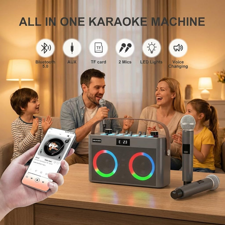 MT-VIKI Audio Mixer Bluetooth Karaoke Maschine Lautsprecher mit 2 drahtlosen Mikrofonen + Handschlau