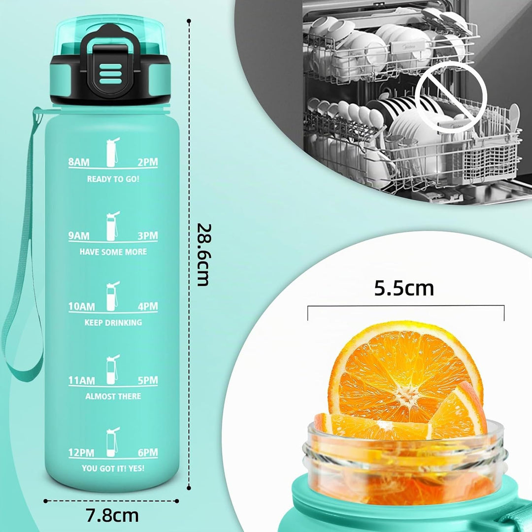 HoneyHolly Trinkflasche 1L, Zeitmarkierung, Wasserflasche, Auslaufsicher, Trinkflasche Sport, Wieder
