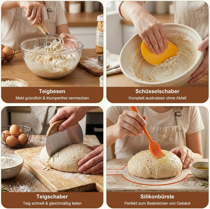 Sauerteig Starter Set, 2 Gärkörbchen aus Reinem Naturrattan(23cm Rund & 25cm Oval), Lebensmittelecht