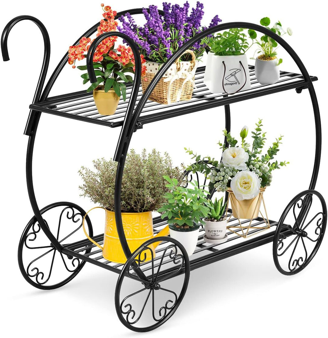 RELAX4LIFE Blumenregal 2-Stufig, Pflanzenständer Metall, Blumenständer mit Dekorativen Rollen, Blume