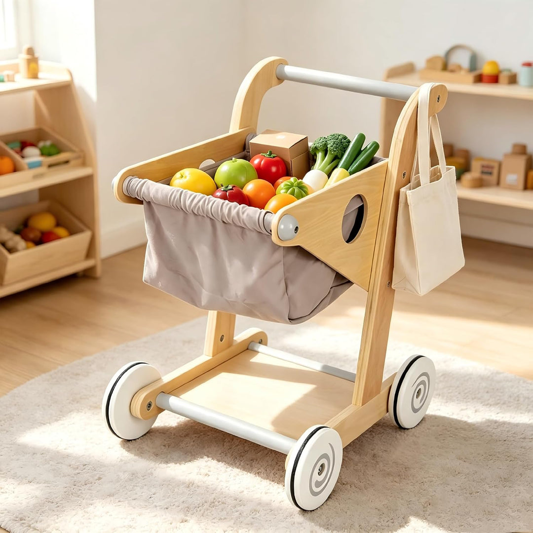 Holz Kinder Einkaufswagen Spielzeug, Mini Einkaufswagen für Kinder mit Stoffkorb, Stabiler Laufwagen