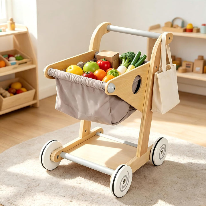 Holz Kinder Einkaufswagen Spielzeug, Mini Einkaufswagen für Kinder mit Stoffkorb, Stabiler Laufwagen