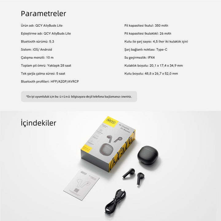 QCY AilyBuds Lite ENC Noise Cancelling Bluetooth 5.3 Wireless Kopfhörer - Schwarz