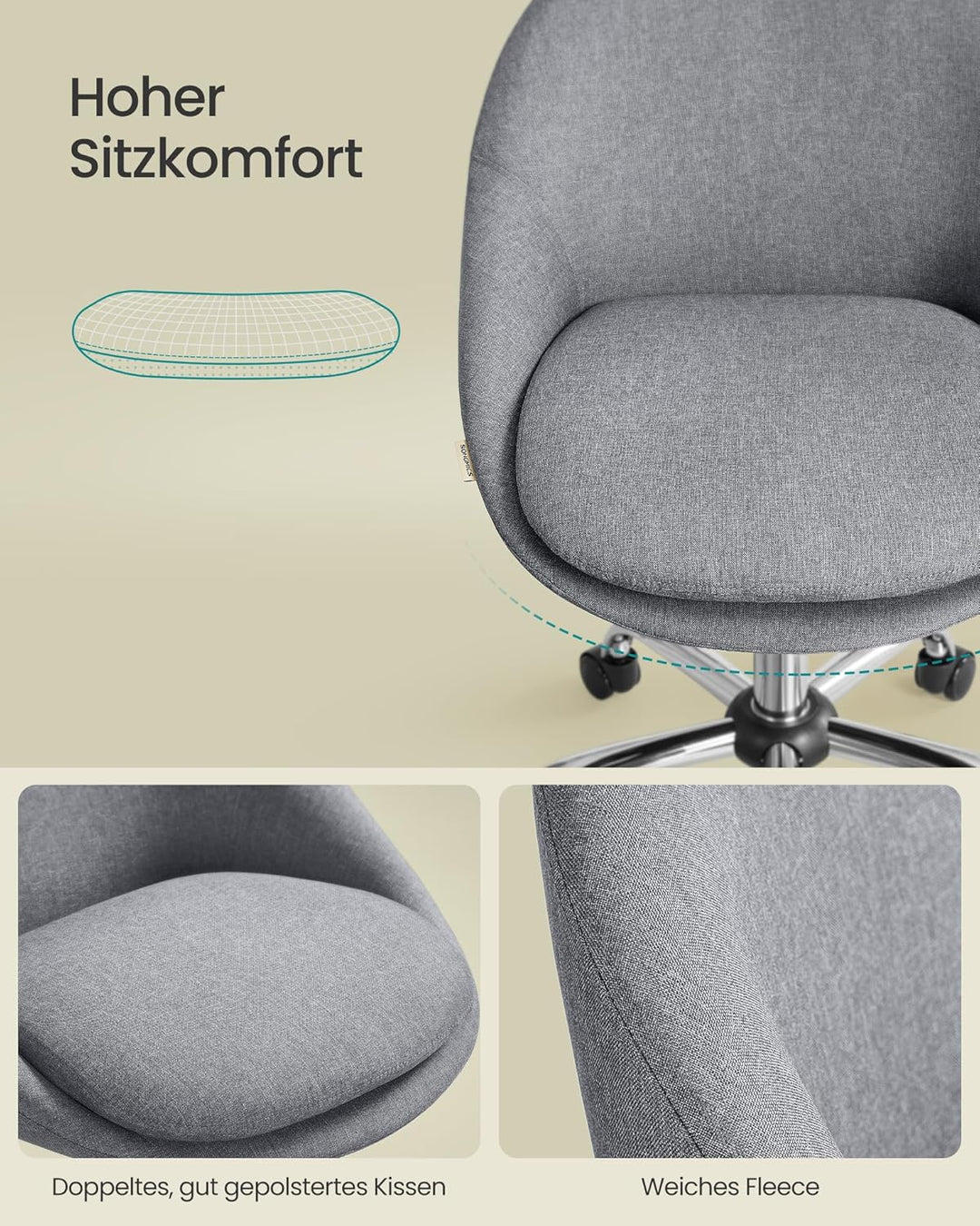 SONGMICS Homeoffice-Stuhl, Schminkstuhl aus Baumwoll-Leinen-Mischgewebe, Schreibtischstuhl, Schaumst