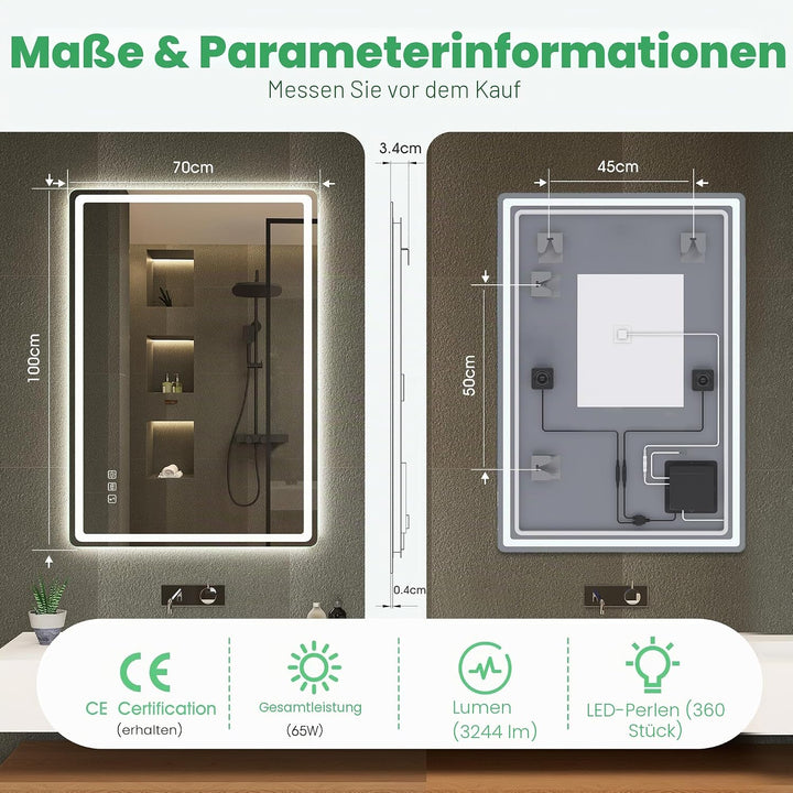 S'bagno Bluetooth-Badspiegel-mit-Beleuchtung-100x70cm, LED-Badezimmerspiegel mit Entfoggen, 3000K-65